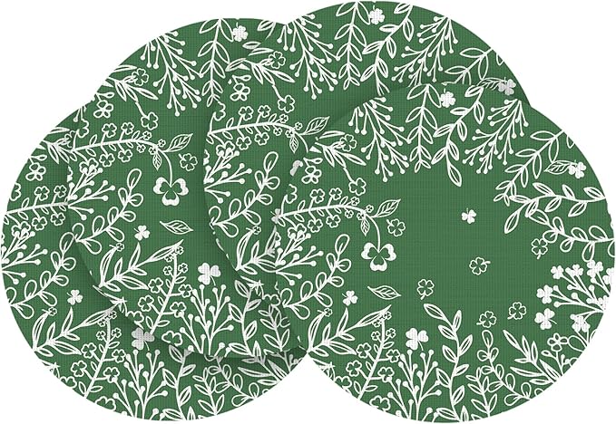 Artoid Mode Green Leaves Vinyl Round Placemats Set of 4, 14 Inch Washable Non-Slip Heat Resistant Woven Plastic Spring Table Mats for Party Kitchen Dining Decor