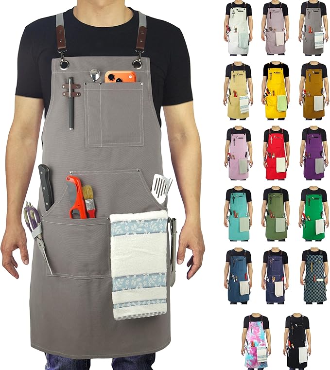 Kitchen Apron, Work Apron, Canvas, Multiple Pockets, Gardening, Painting, BBQ, Artist, Carpenter, Sizes M to XXL, Dark Gray