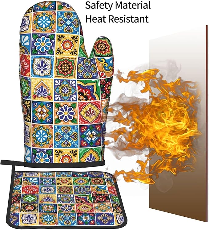 Mexican Talavera Tile Oven Mitts and Pot Holders Sets of 3, Heat Resistant Non-Slip Polyester Colorful Talavera Kitchen Gloves Gifts for Cooking Lovers, Vibrant Kitchen Decor for Baking BBQ Cooking