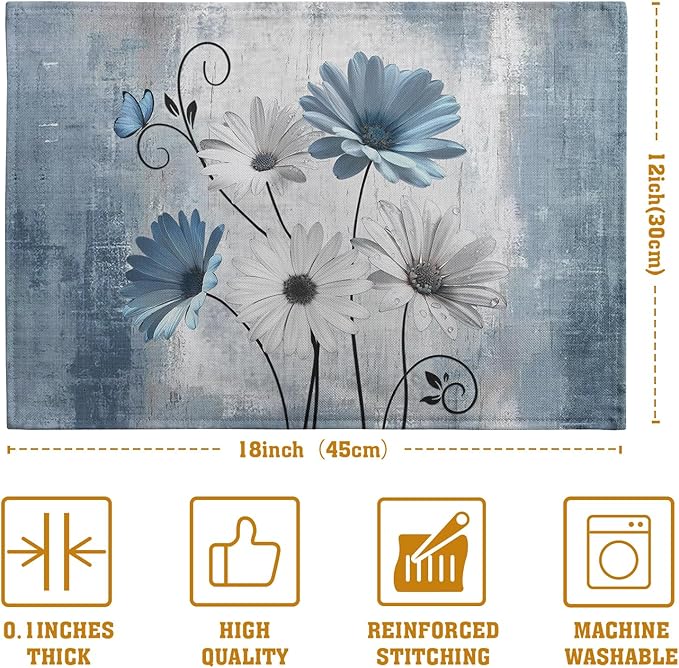 Daisy Placemats Set of 4 Blue Grey Rustic Vintage Floral Table Place Mats 12x18 Inch Seasonal Flower Spring Summer Linen Placemat for Party Kitchen Dining Outdoor Indoor Decor