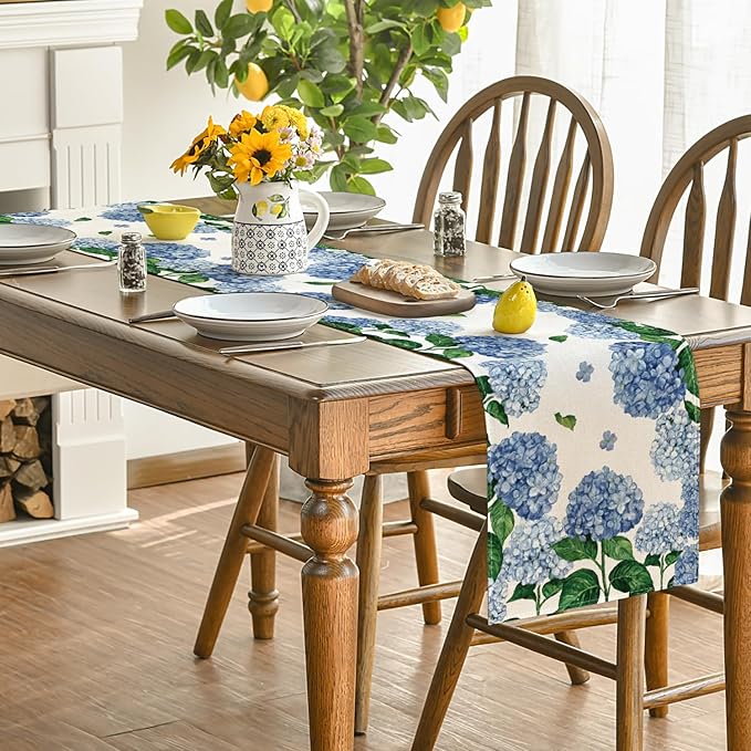 Artoid Mode Watercolor Hydrangea Summer Table Runner, Seasonal Spring Kitchen Dining Table Decoration for Home Party Decor 13x60 Inch