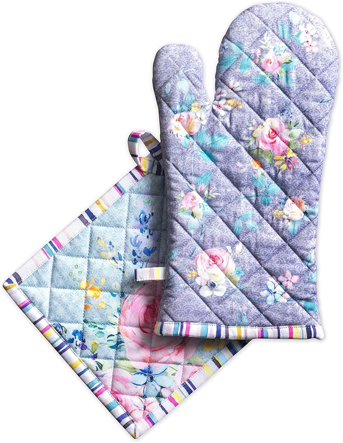 Maison d' Hermine 100% Cotton Oven Mitt & Pot Holder Set (7.5"x13" & 8"x8") Heat Resistant BBQ Cooking Gloves with Loop Kitchen Gifts for Mothers Day Spring/Summer (Sweet Rose Lavender - Lush)