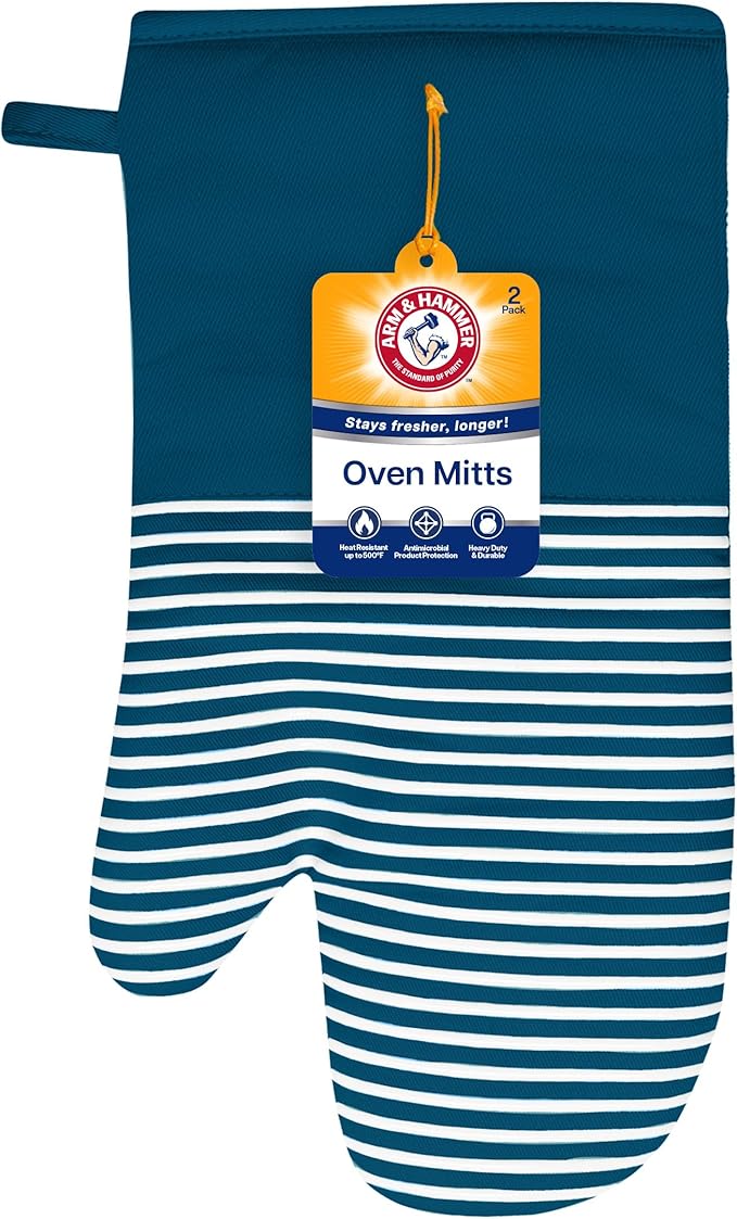 Arm & Hammer Striped Oven Mitts, Heat Resistant, Non-Slip Silicone Grip, 2 Pack, Navy