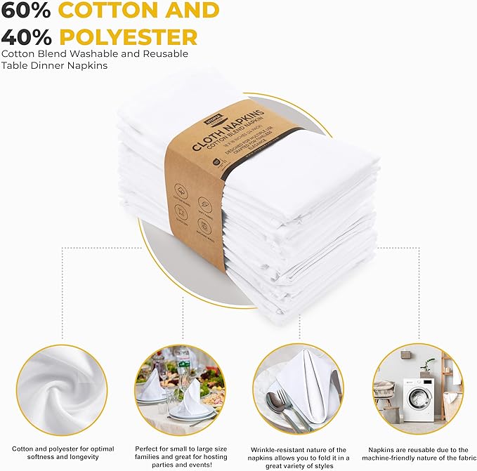Utopia Kitchen White Cloth Napkins [24 Pack, 18x18 Inch] Absorbent Cotton Blend Washable and Reusable for Dinner, Restaurant, Lunch, Wedding and Hotel