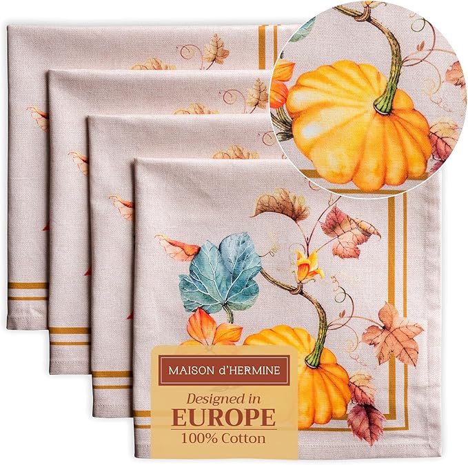 Maison d' Hermine Cloth Napkins Set of 4 100% Cotton for Thanksgiving Christmas Decorations Everyday Reusable Square Fall Napkins Cloth Washable Dinner Party (Potiron, 20"x20")
