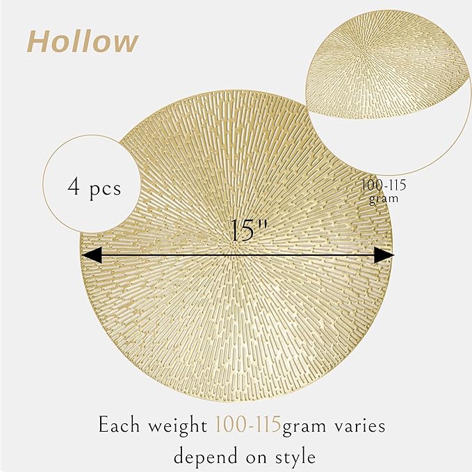 Snowkingdom Gold Round Placemats Set of 4, Golden Vinyl Metallic Hollow 15 Inch Place mats, Washable Easy Clean Wipeable Non Slip Stain Heat Resistant Dining Table Mats for Wedding Party Decoration
