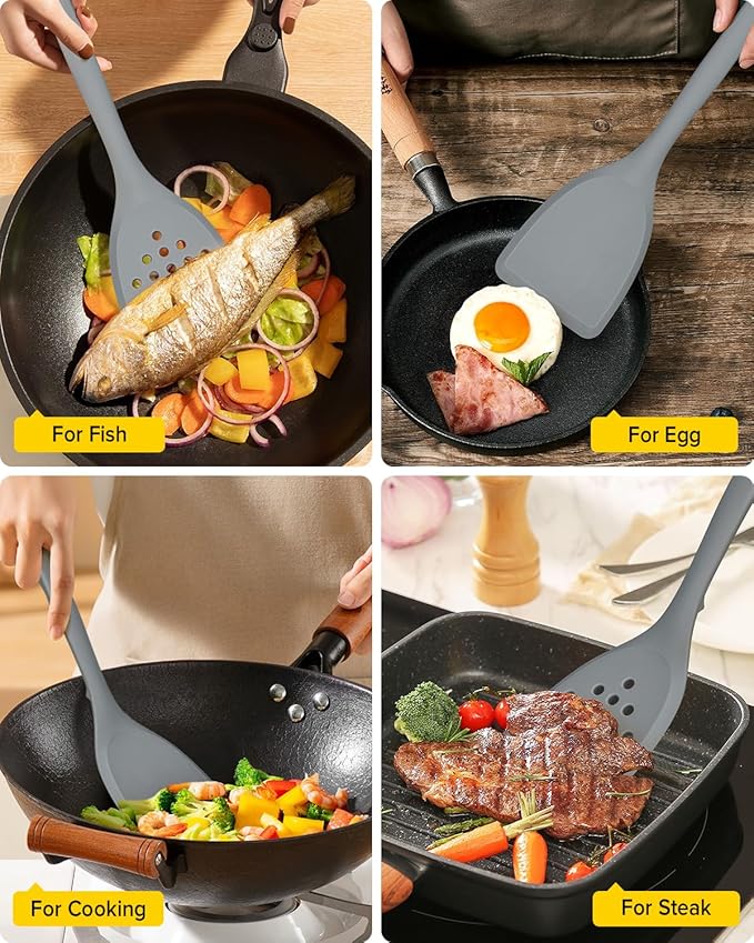 Pack of 2 Silicone Spatula Turner, Non Stick Kitchen Spatulas Set with Back Hooks, Heat Resistant BPA Free Kitchen Utensils, Suitable for Flipping Fish, Eggs, Steak, Pancakes(GRAY)