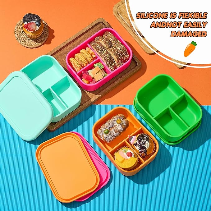 Layhit 4 Pcs Silicone Bento Box for Adults, 27 oz Bento Lunch Container Reusable 3 Compartment Lunchable Food Container for Women Men, Leak Proof Microwave Dishwasher Freezer Safe (Vivid Colors)