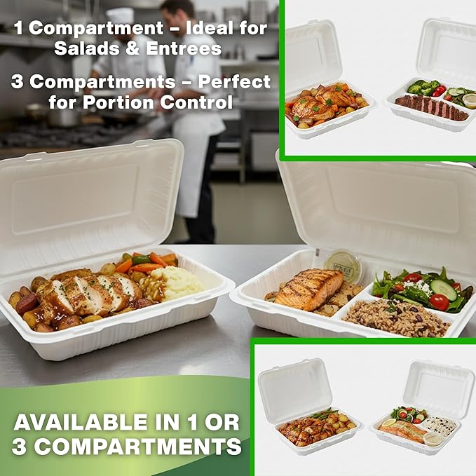 Front Lock MFPP Hinged Container, White 9" x 6" – 1 Compartment Clamshell Disposable Takeout Boxes, Durable Microwaveable To-Go Containers for Restaurant & Food Service – 200 Pack