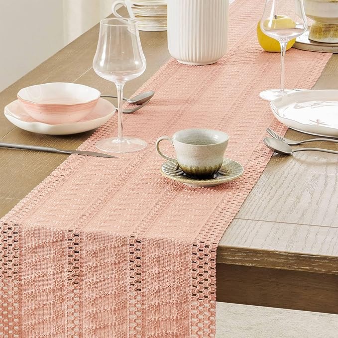 ZeeMart Macrame Style Boho Table Runner, Pink Table Runners 90 Inches Long, Farmhouse Woven Home Decor, 12x90 Inch, Rose Pink