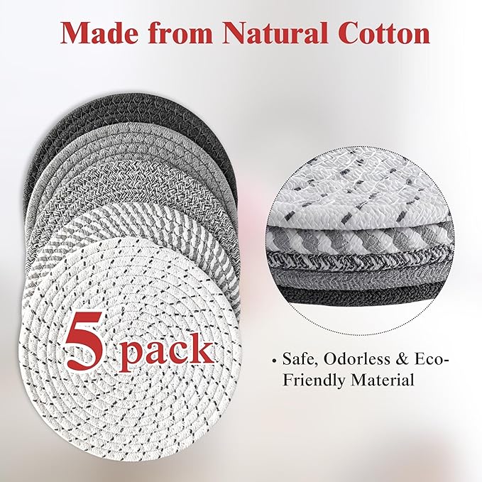 CATIFLIN 8 Inch Heat Resistant Trivets for Hot Dishes, 5-Pack Cotton Woven Pot Holders & Hot Pads Set – Kitchen Countertop & Table Protector, Home Essentials Decor