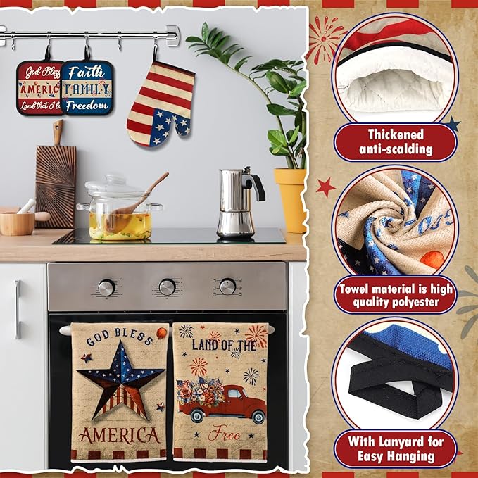 Peryiter 5 Pcs 4th of July Kitchen Towels Pot Holders and Oven Mitt Set Patriotic Retro 2 Dish Towels 2 Square Potholders 1 Heat Resistant Glove for Cooking Baking Gifting Home (Patriotic)