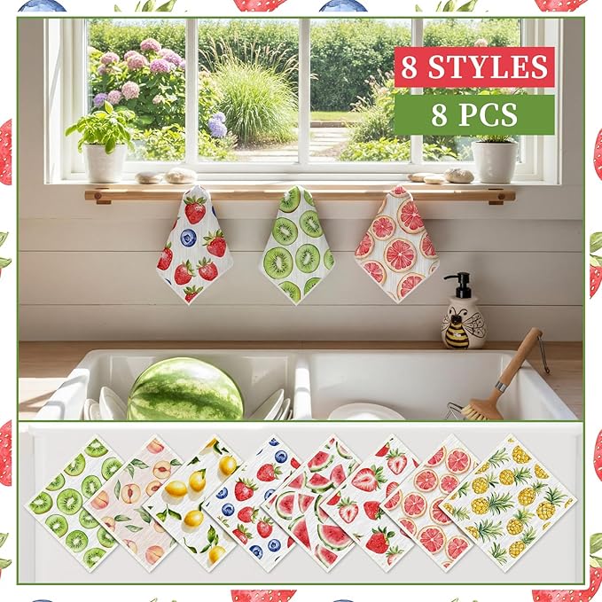 Tegeme 8 Pcs Fruit Swedish Dishcloth Kitchen Swedish Dish Towels Absorbent Cotton Reusable Strawberry Lemon Pineapple Watermelon Kitchen Towels for Summer Home Party Housewarming Cleaning, 6.8 x 7.7''