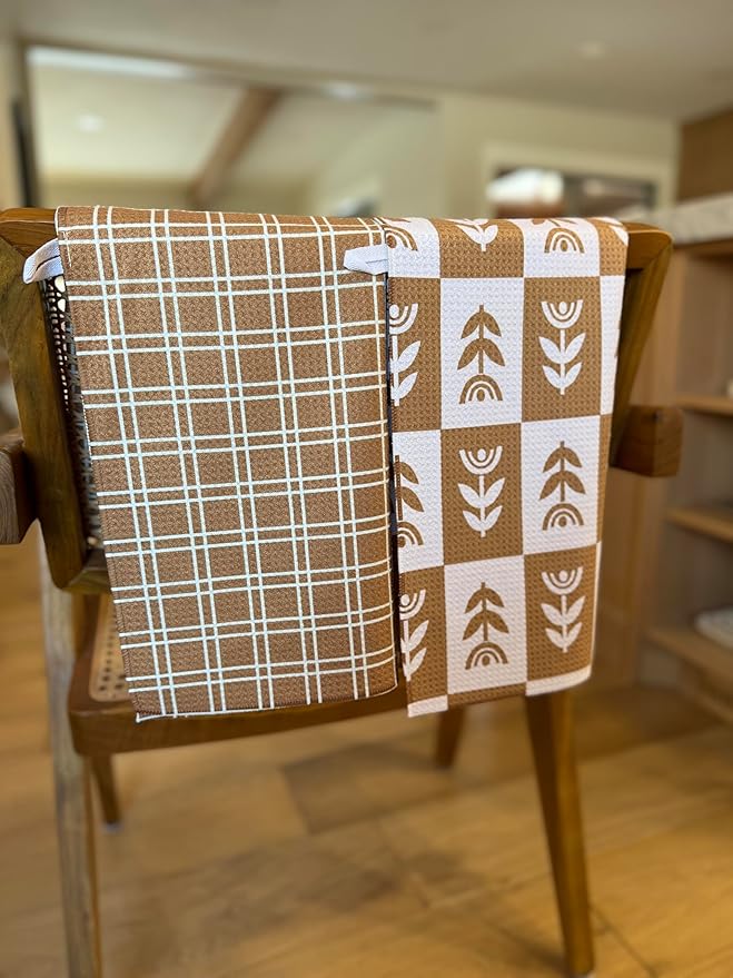 2 Pack || Double Sided|| Not Your Ordinary Kitchen Towels || Dish Towels || Quick Dry || Waffle Weave Microfiber || Designer Prints || Highly Absorbent || Hanging Hook (tan Checkered)