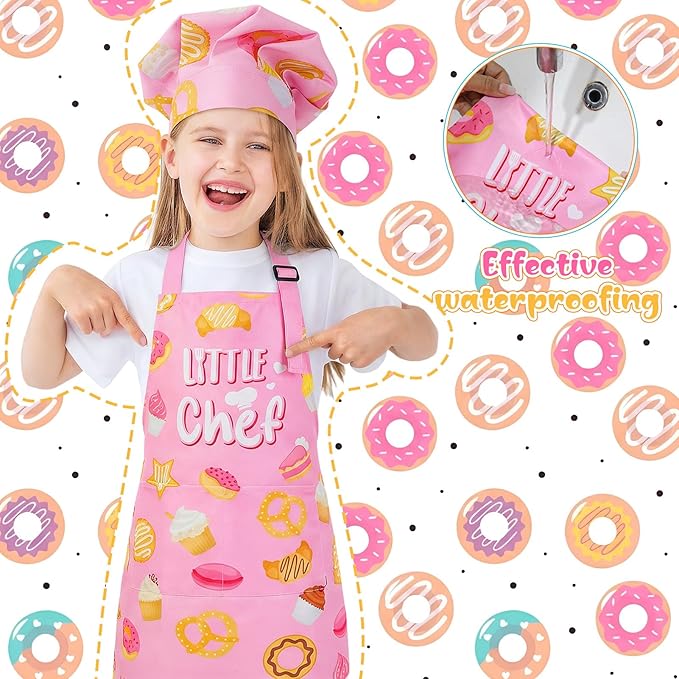Kids Apron and Chef Hat Set, Funny Apron with 2 Pockets, Adjustable Kids Aprons for Cooking for Boys and Girls