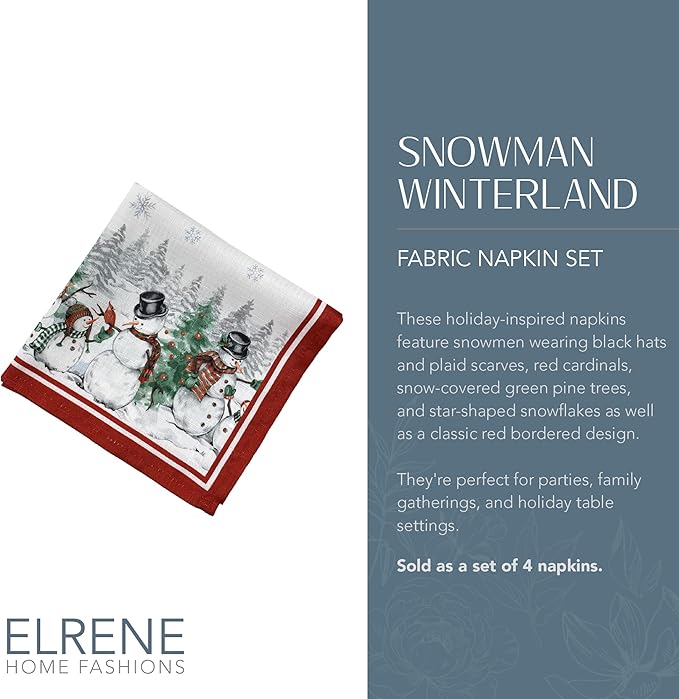 Elrene Home Fashions Snowman Winterland Holiday Snowflake Napkins, 17" x 17", Set of 4