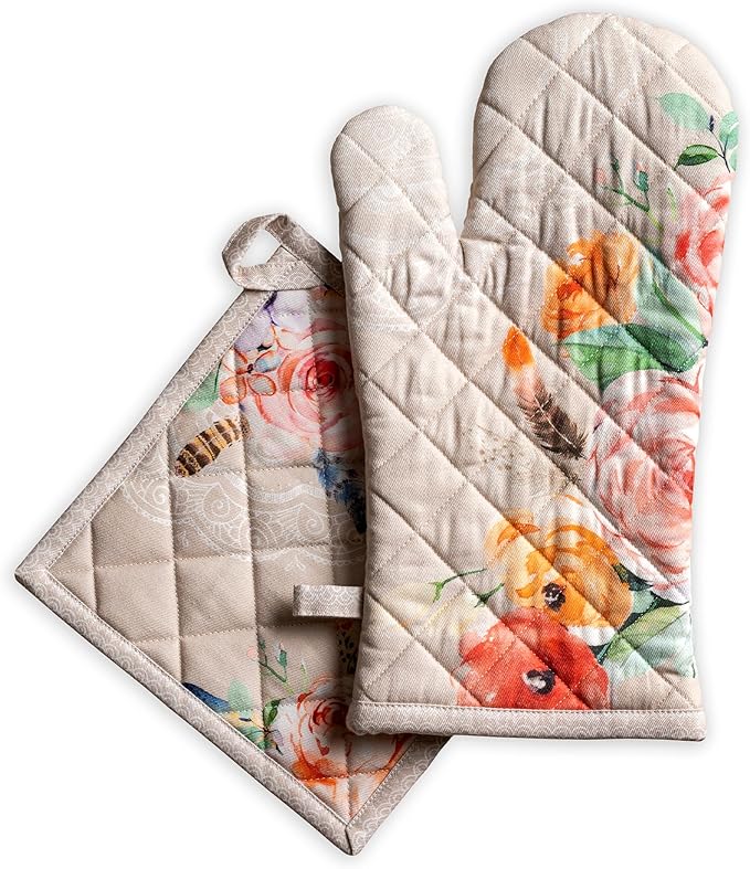 Maison d' Hermine 100% Cotton Oven Mitt & Pot Holder Set (7.5"x13" & 8"x8") Heat Resistant BBQ Cooking Gloves with Loop Baking Grilling Kitchen Gifts for Mothers Day Spring/Summer (Ibiza - Beige)
