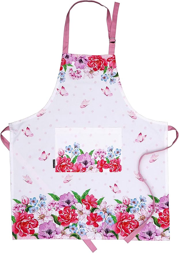 AMOUR INFINI Cotton Aprons for Women with Pocket, Adjustable Strap & Waist Ties - Washable Aprons for Baking, Cooking, Gardening (27.5 x 33 Inches - Spring Floral)