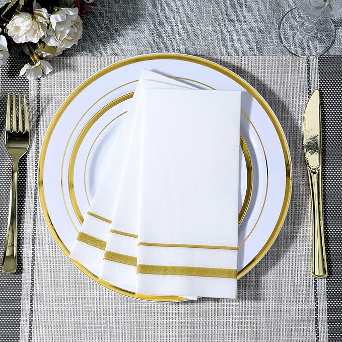 FOCUSLINE 200 Linen Feel Disposable Bathroom Napkins, Soft and Absorbent Paper Guest Towels, Cloth-Like Hand Towels Decorative Paper Napkins for Parties, Weddings, Dinners or Events, Gold, 12" x 17"