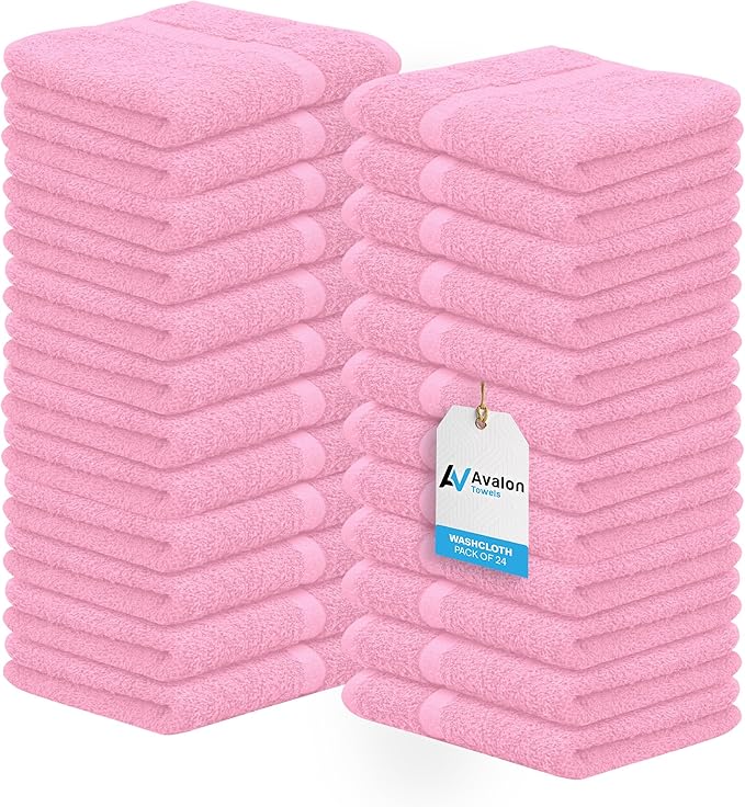 Avalon Towels Cotton Washcloths 24-Pack – 12 x 12 Inch Pink Super Soft & Absorbent Ring-Spun Cotton Wash Cloths for Face, Bath, Spa, Gym, Hotel & Cleaning