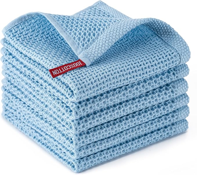 BOOMIBOO 6-Pack Kitchen Dish Cloths, 100% Cotton Waffle Weave, Ultra Soft Absorbent, Quick Drying Dish Towels, 12x12 Inches,Sky Blue