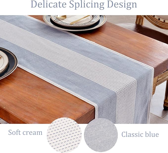 Wracra Linen Table Runner, Farmhouse Macrame Table Runners 36 Inches Long for Dining Table Decor, Wedding, Party and Dresser Decor (Blue,36")