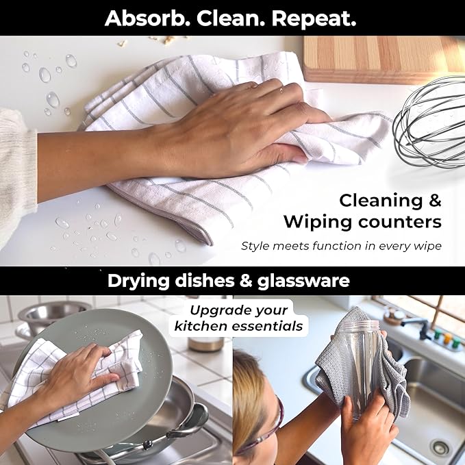 Cotton Dish Towels For Kitchen Drying - Highly Absorbent Wide Light Gray Striped Plaid Tea Towels - 18"X28" Set Of 6 Farmhouse Linen Dishtowels In Bulk - Pano De Prato Para Cozinha - T Towles Towls