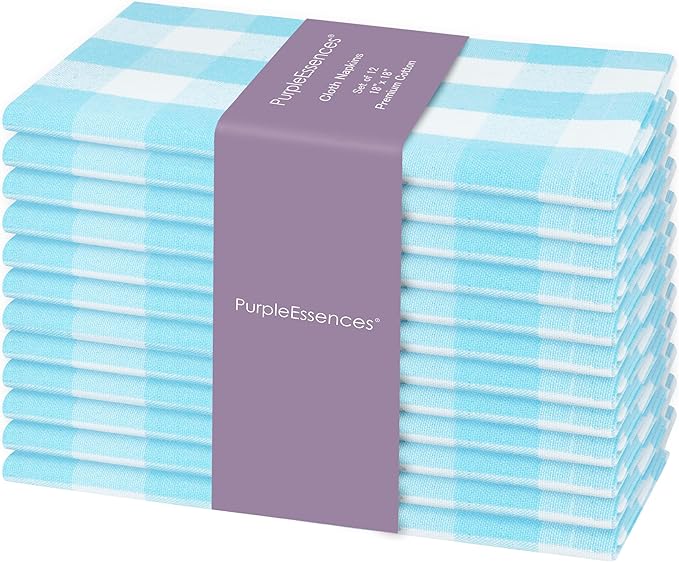 PurpleEssences Buffalo Plaid Cloth Napkins - Mitered Corners - Spring Easter Summer - Gingham Check Dinner Napkin - Set of 12-100% Cotton - 18x18 Inch - Reusable Washable - Aqua Blue and White