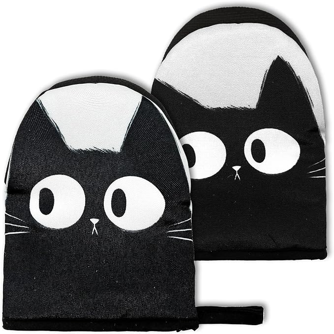 Black Cat Mini Silicone Oven Mitts 2-Pack Set, Heat Slip Resistant Kitchen Gloves, Soft Oven Mittens for Baking & Cooking