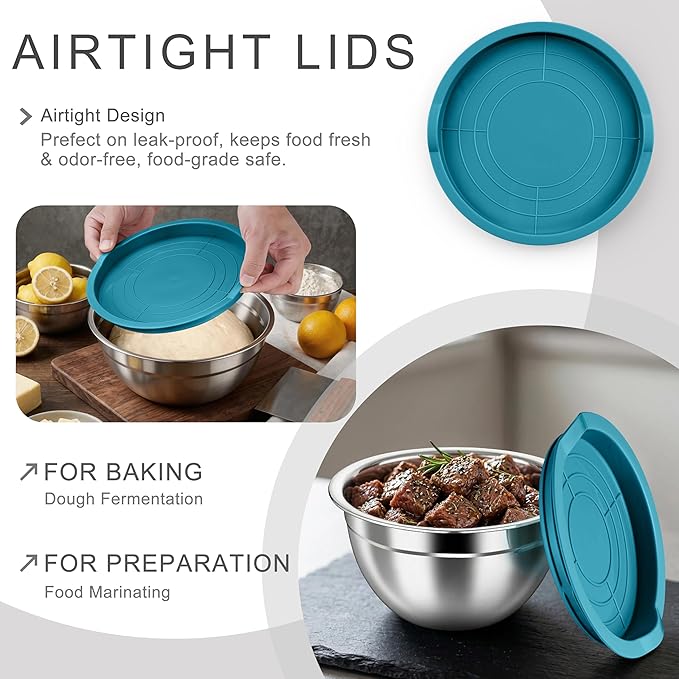 HaWare Mixing Bowls with Airtight Lids, 6-Piece Stainless Steel Salad Bowls, Strong Nesting Bowls for Cooking, Prepping, Baking, Serving & Food Storage, Stackable Design, Size 4.6, 3, 1.5QT, Teal Blue