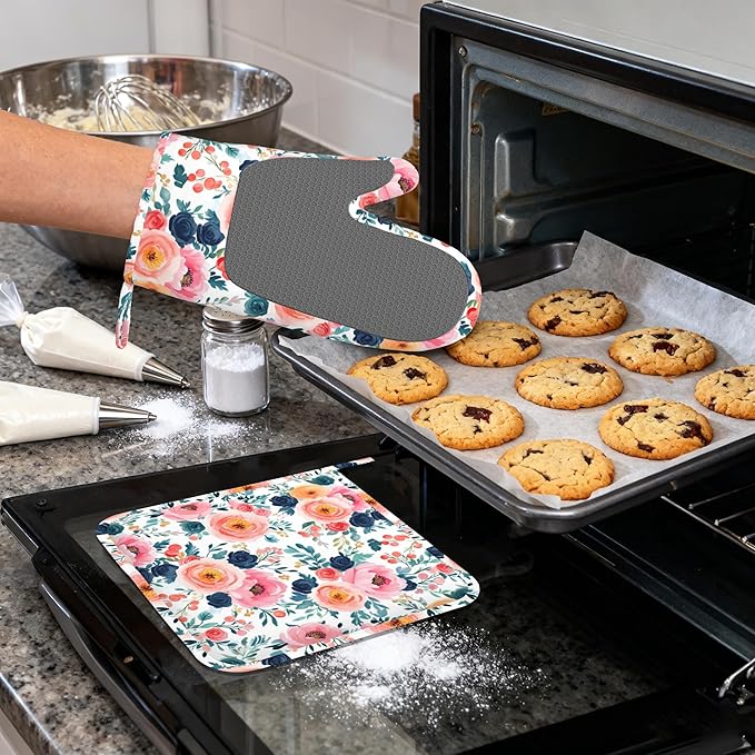 Pink Flowers Heat-Resistant Silicone Oven Mitts and Pot Holders,Long Oven Gloves with Non-Slip Grip for Cooking, Baking, Grilling,BBQ