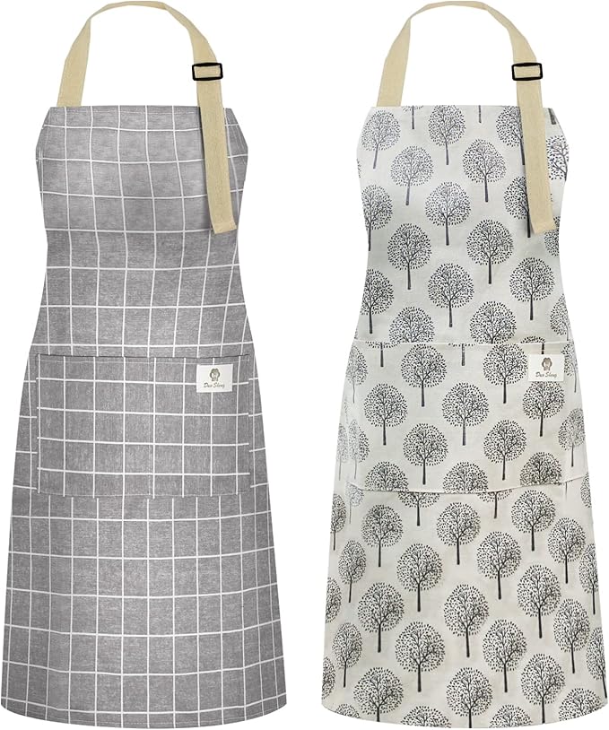 NLUS 2 Pack Waterproof Cooking Aprons, Adjustable Bib Soft Chef Apron with 2 Pockets for Men Women (Gray Stripe/Gray Trees)