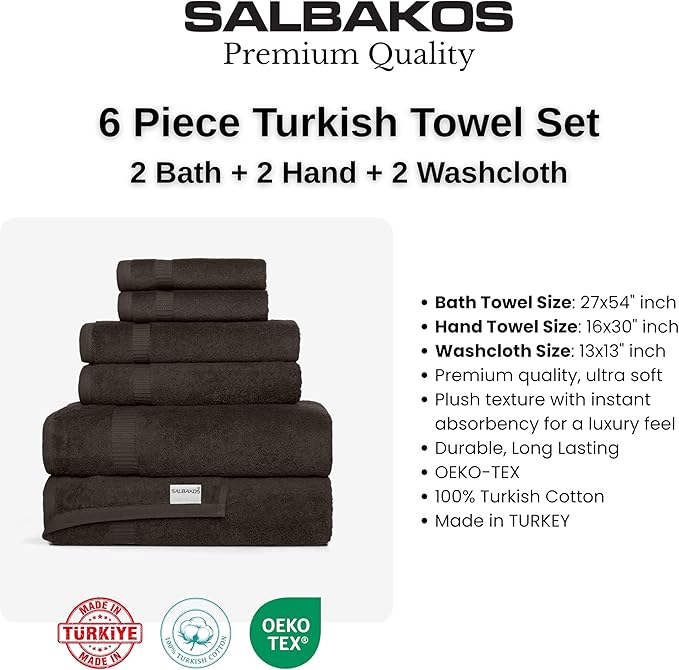 SALBAKOS 100% Turkish Cotton 6-Piece Towel Set | Premium Quality Hotel & Spa Collection | Soft, Super Absorbent 2 Washcloth, 2 Hand, 2 Bath Towel Sets | Made in Turkey (Chocolate, 6 Piece Towel Set)