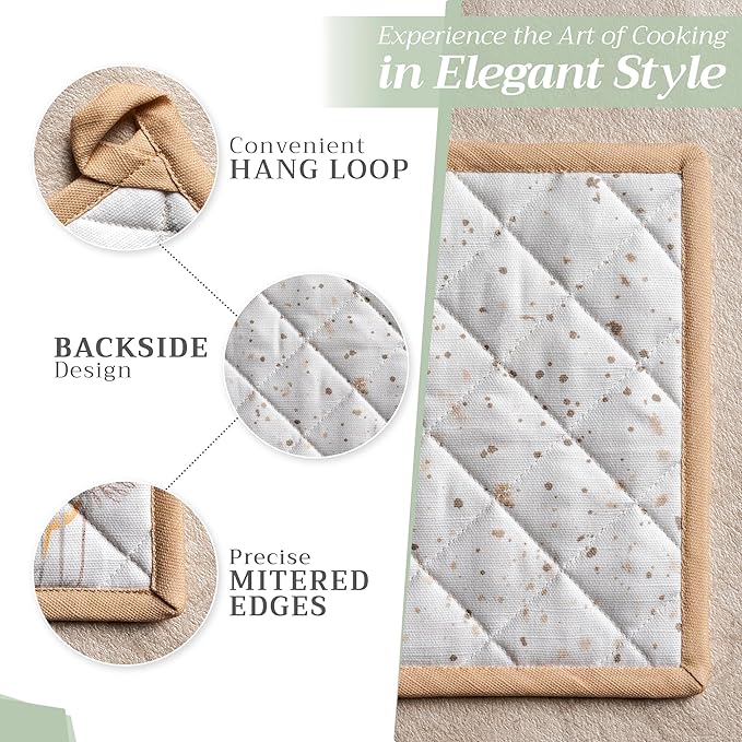 Maison d' Hermine 100% Cotton Oven Mitt & Pot Holder Set (7.5"x13" & 8"x8") Heat Resistant BBQ Cooking Gloves with Loop Baking Kitchen Gifts for Mothers Day Spring/Summer (Meadow Florals - Beige)