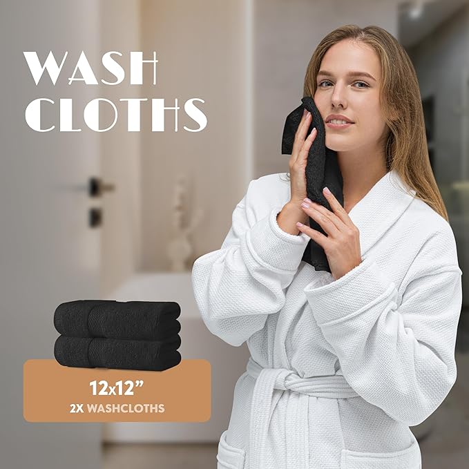 Black Bath Towel Set of 6 - 100% Cotton Highly Absorbent Towels for Bathroom, 2 Luxury Bath Towels 650GSM, 2 Hand Towels, 2 Washcloths