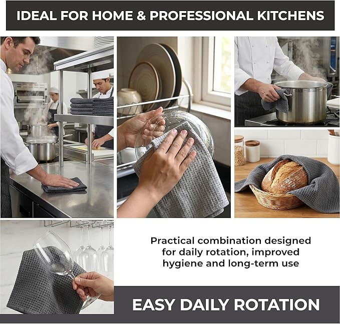 Highly Absorbent Cotton Dish Towels for Drying - Set of 3+3 - Light Gray + Dark Gray Kitchen Towels - 18"X28" Lint Free Waffle Weave Cloth Linen Hand Bathroom Bulk Dishtowels
