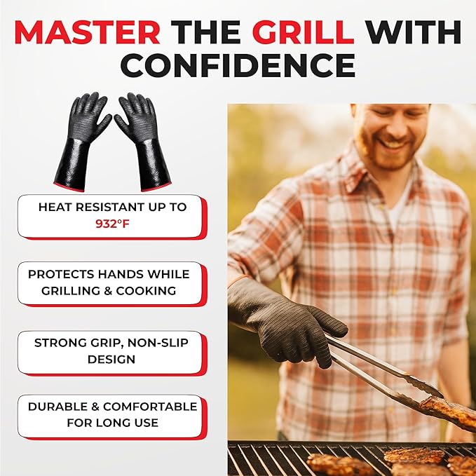 Jungle Eye 932°F Heat Resistant BBQ Grill Gloves: Neoprene Non-Slip Waterproof Heat & Oil Resistance for Grilling, Smoker, Cooking, Frying & Oven, 14" Long Sleeve Barbecue Gloves, Apron Included