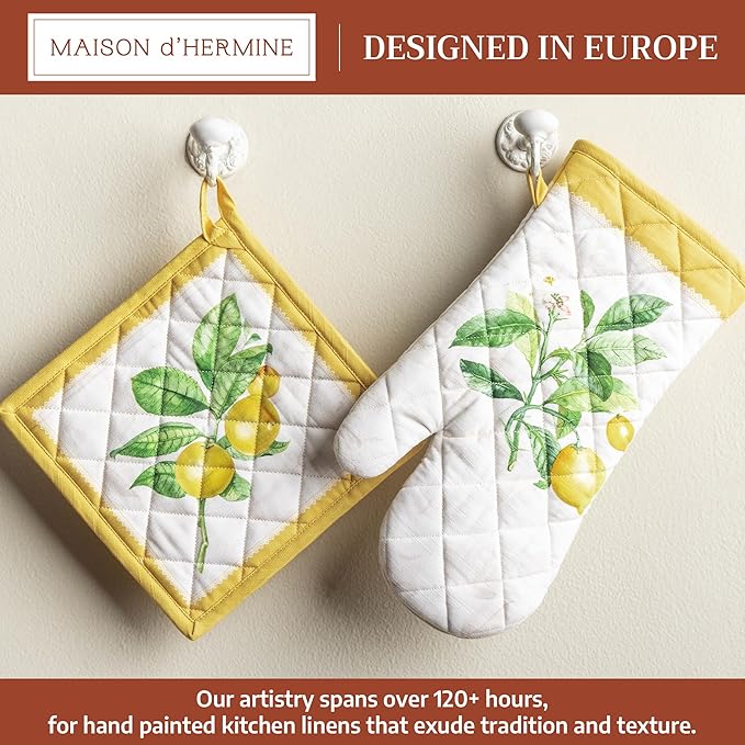 Maison d' Hermine 100% Cotton Oven Mitt & Pot Holder Set (7.5"x13" & 8"x8") Heat Resistant BBQ Cooking Gloves with Loop Baking Grilling Kitchen Gifts for Mothers Day Spring/Summer (Limoncello)