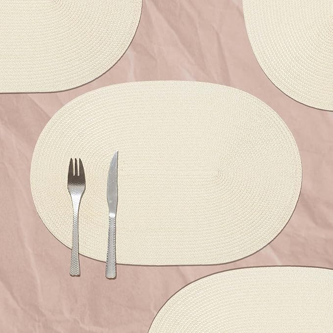 AHHFSMEI Placemats Set of 8 for Dining Table Washable Woven Non-Slip 18x12 inches Placemat Heat-Resistant Durable Table Mats for Dining Table Easy to Clean (Oval Beige, 8)