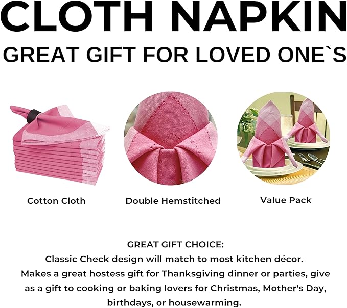 Bedding Craft Cotton Cloth Dinner Napkins Set of 12 – 20x20 Pink Multi Double Hemstitched – Machine Washable Fabric Napkins for Weddings, Parties & Dining Tables