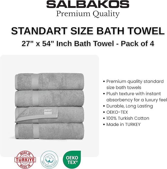 SALBAKOS 100% Turkish Cotton Bath Towel Set of 4, 27x54 inch | Premium Quality | Hotel & Spa Collection | Soft, Super Absorbent, Long Lasting Bath Towels | Made in Turkey (Silver, 4 Bath Towels)