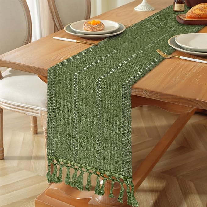 Niviy Sage Green Boho Table Runner for Home Decor 108 Inches Long with Tassels, Rustic Macrame Cotton Linen Woven Coffee Table Runners for Bohemian Dining Table Decoration, Green