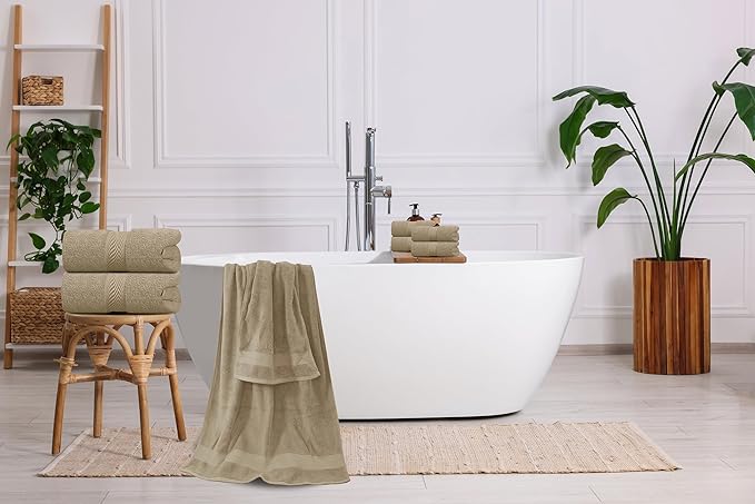 Oakias Premium Towel Set 600 GSM 8 Piece Beige - 100% Ring Spun Cotton Highly Absorbent Towels Set - Super Soft Bathroom Towel Set - Hotel Quality Double Stitched Hem - Ideal for Hotels, Spa, Gyms