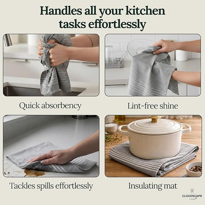 CLOUDSCAPE Kitchen Towels Set of 6 : Cotton-Blended Dish Cloths, Waffle Weave Quick-Drying Dish Towels for Kitchen Essentials, Highly Absorbent, Durable 18”x28” Hand Towels with Hanging Loop - Grey