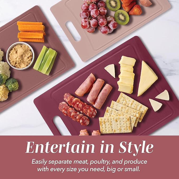 COOK WITH COLOR Non-Slip Cutting Board Set – Kitchen Essentials with Easy Grip Handle for Meat, Veggies, and Fruits, 4 Cutting Boards, Rose
