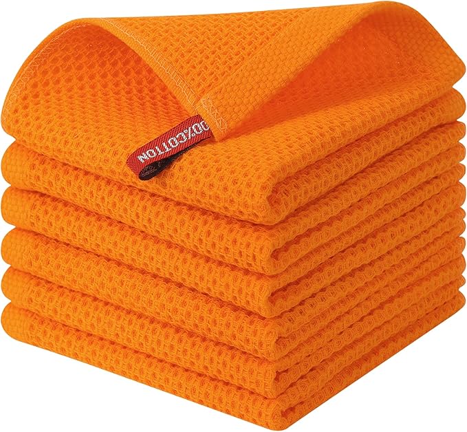 Kitinjoy 100% Cotton Kitchen Dish Cloths (12 X 12 Inches, Orange), 6 Pack Waffle Weave Ultra Soft Absorbent Dish Towels for Drying Dishes Quick Drying Kitchen Towels Dish Rags
