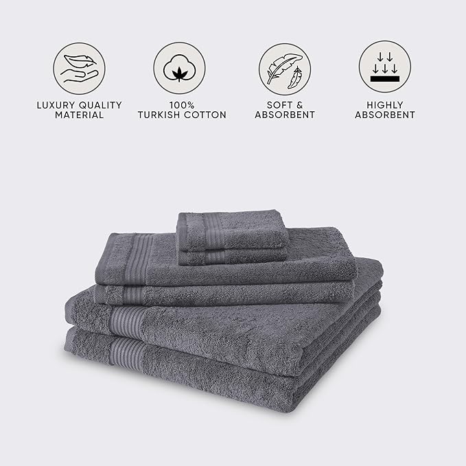 Classic Turkish Towels CTT - Luxury 6 Piece Towel Set, 100% Turkish Cotton, Quick Drying, Highly Absorbent & Comfy, Includes 2 Bath Towels, 2 Hand Towels & 2 Washcloths | (Grey)