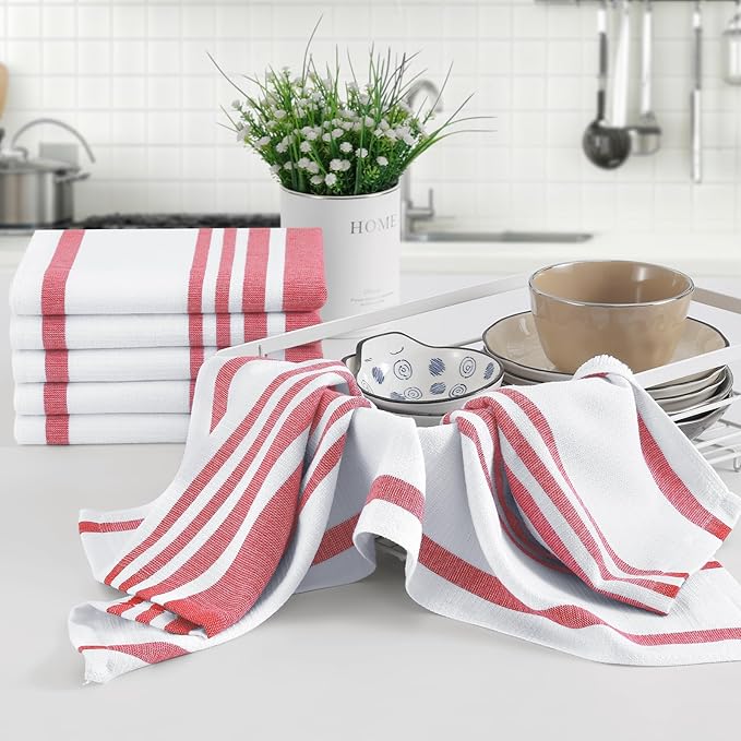 Homaxy Premium Kitchen Towels 18”x 28”, Large Cotton 380 GSM Kitchen Hand Towels, Stripe and Terry Dish Towel, Highly Absorbent Tea Towel Set with Hanging Loop, 8 Pack, Red