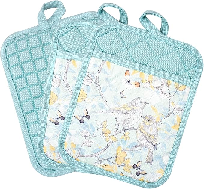 Pot Holders Set of 3 Silicone Printing Non Slip Heat Resistant, Yarm-Dyed Hot Pads Cotton Home Kitchen Cooking Barbecue Microwave Women Men Machine Washable BBQ Grilling. (Light Blue Potholders)