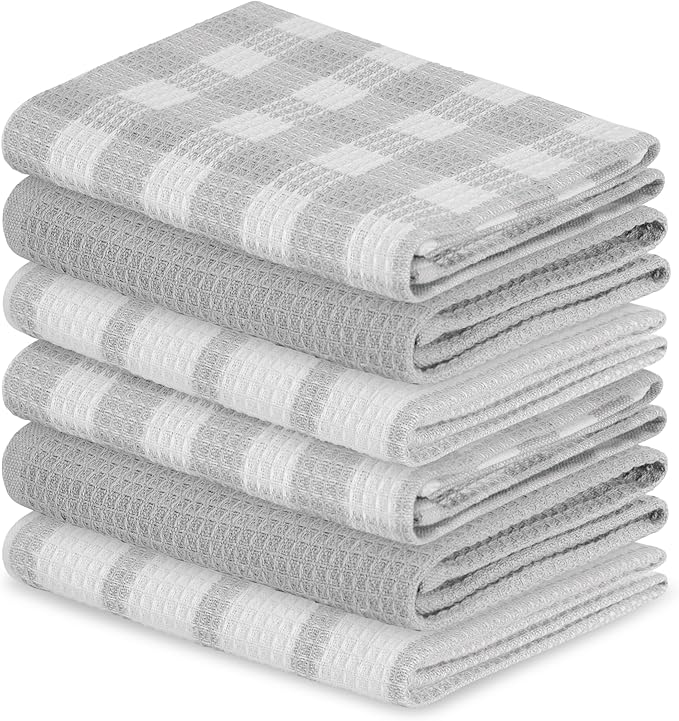 Blue Needles Waffle Weave Kitchen Towels, 15x25 Inches 100% Cotton Set of 6 Dish Cloths for Kitchen, Ultra Soft & Absorbent with Hanging Loop, Dish Rags for Quick Drying, Assorted - Ash Grey
